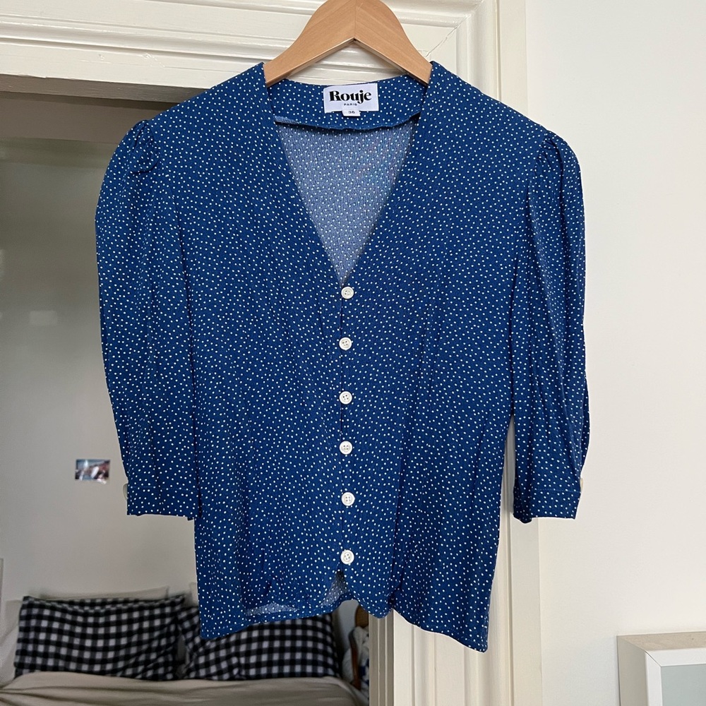 NWOT Rouje Dalida blouse top in blue dot print, size FR 36 / US 4